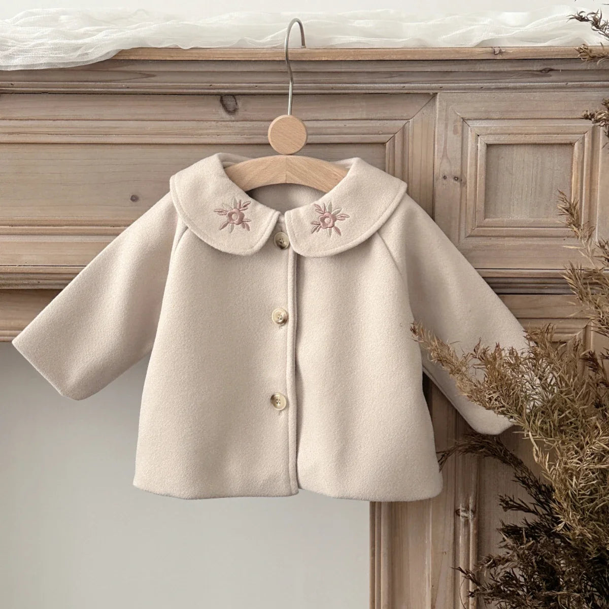 Soft Warm Baby Woolen Fabric Coat Beige/Camel Cute Sun Embroidery Lapel Jacket Infant Toddler Autumn Winter Going Out Outerwear