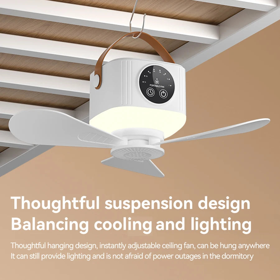 Mini Ceiling Fan, 4 Speeds, LED Screen, 3-Level Night Light, 4 Timers (1-8H), 3600mAh Battery, Remote, Quiet USB Fan for Camping