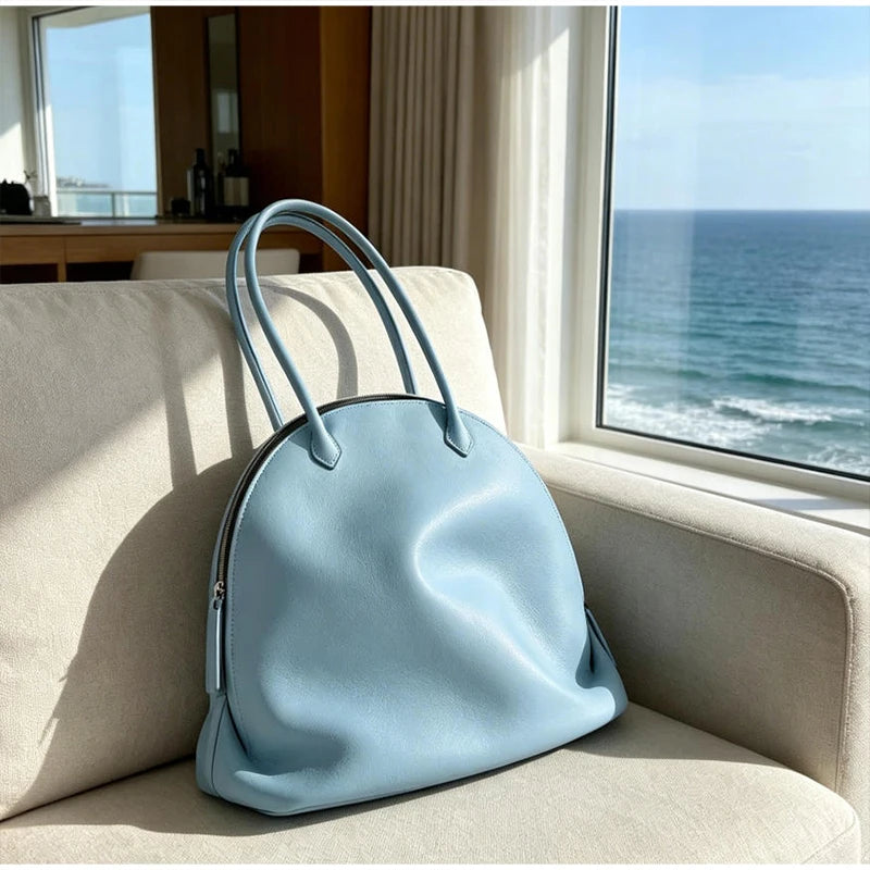 Fashion Luxury Seashell Shoulder Bag Korean Style Solid Color Minimalist Handbag Zippered Large Capacity Soft Leather Tote Bag