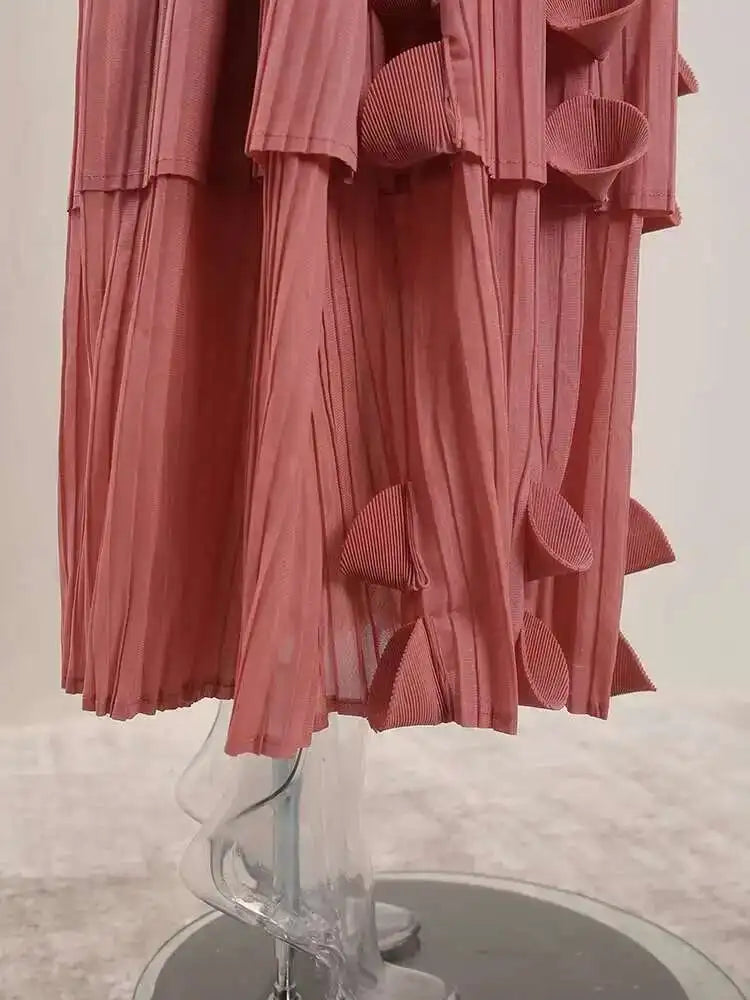 LANMREM Pleated Appliques Long Dresses For Women Round Collar Lace-up Full Sleeve Evening Party New 2025 Lady Dress 32S1173