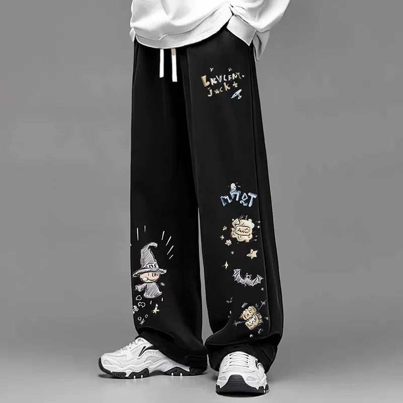 American Retro Graffiti Print Casual Pants for Men, Spring and Autumn Trendy Brand Loose Plus-size Straight Wide-leg Long Pants