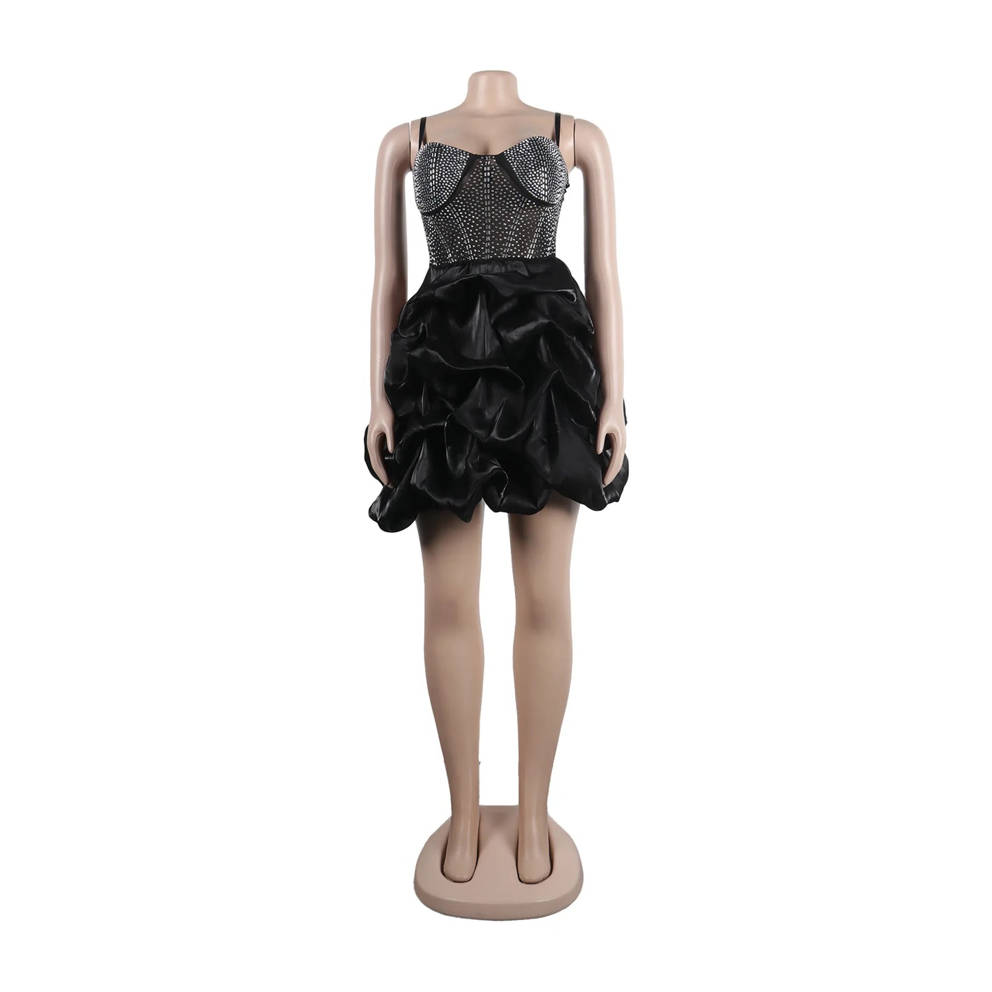 HBLL Sexy Rhinestone Bodycon Ruched Puff Suspenders Dresses Women Sheer Mesh Birthday Party Night Clubwear Summer Dresses Robes
