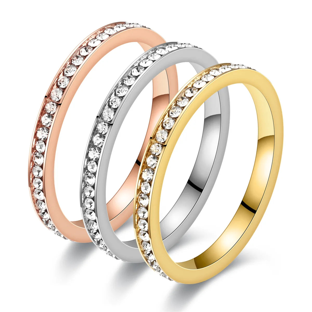 Unisex Luxury 2mm Stainless Steel Cubic Zircon Ring Gold Silver Color Adjustable Statement Band for Men And Women US Size 5-11