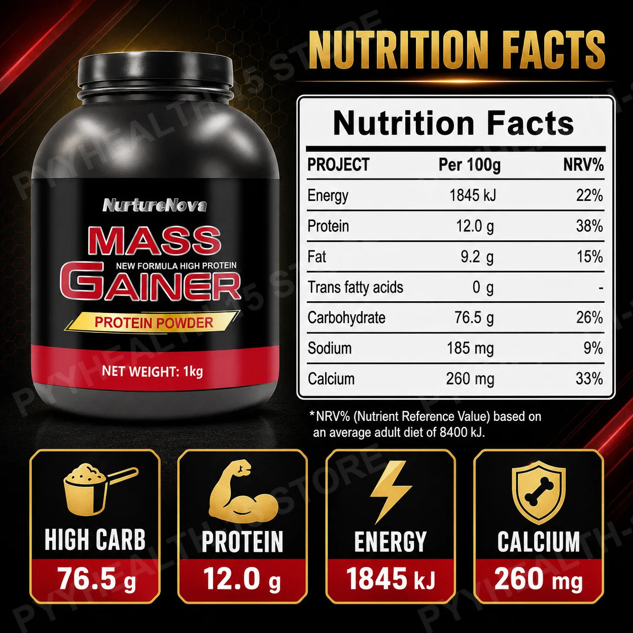Mass Gainer Protein Powder 1kg Chocolate Flavor, Carb Protein Shake Mix for Adults Fitness Nutrition, Approx 20 Servings
