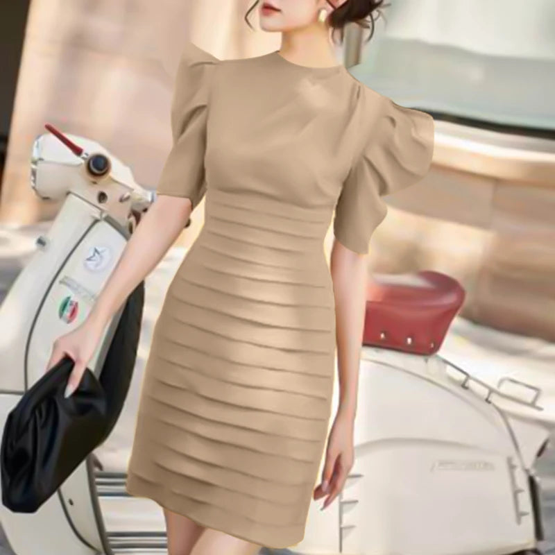 ZANZEA Women Chic Pleated Wrap Dress 2024 Summer Elegant Puff Short Sleeve Party Dress Vintage Cocktail Dress Sexy Slim Vestidos