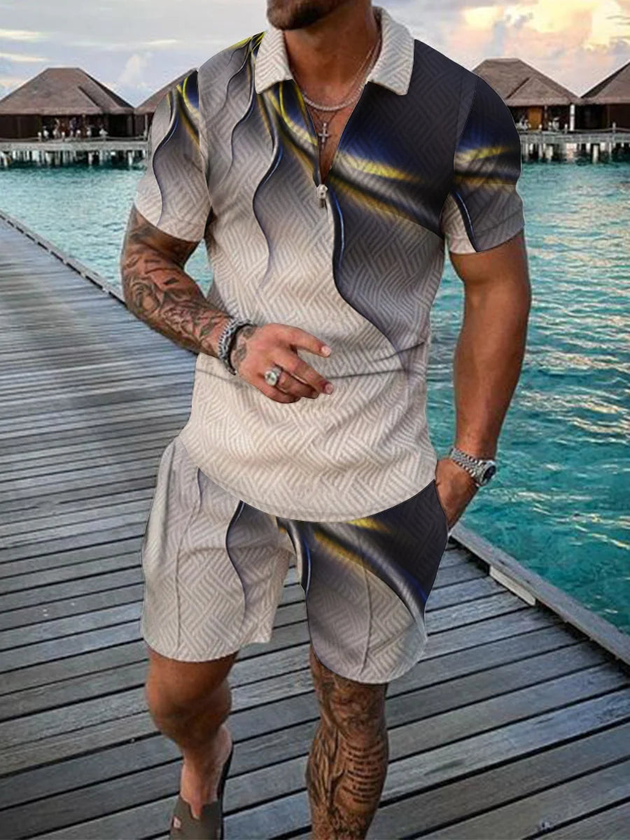 Men Tracksuit Summer New 3D Printed Beach Zipper Polo Shirts Shorts 2 Pcs Sets Boho Geometric Style Holiday Clothing Ropa Hombre