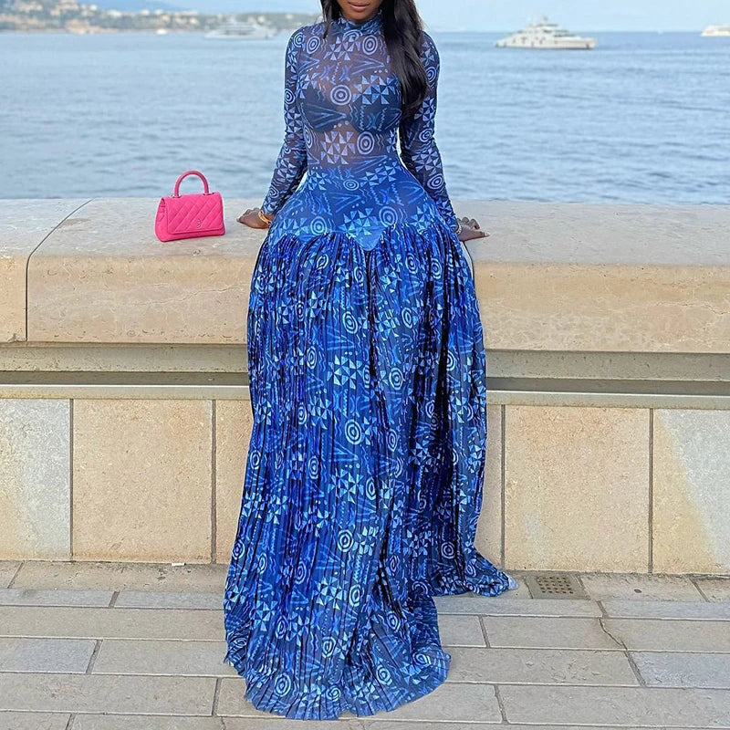 Autumn O-neck Long Sleeved Women's Casual Dress Fashion Perspective Swing Bohemian Dress Vintage Flower Printed Beach Robe Dress