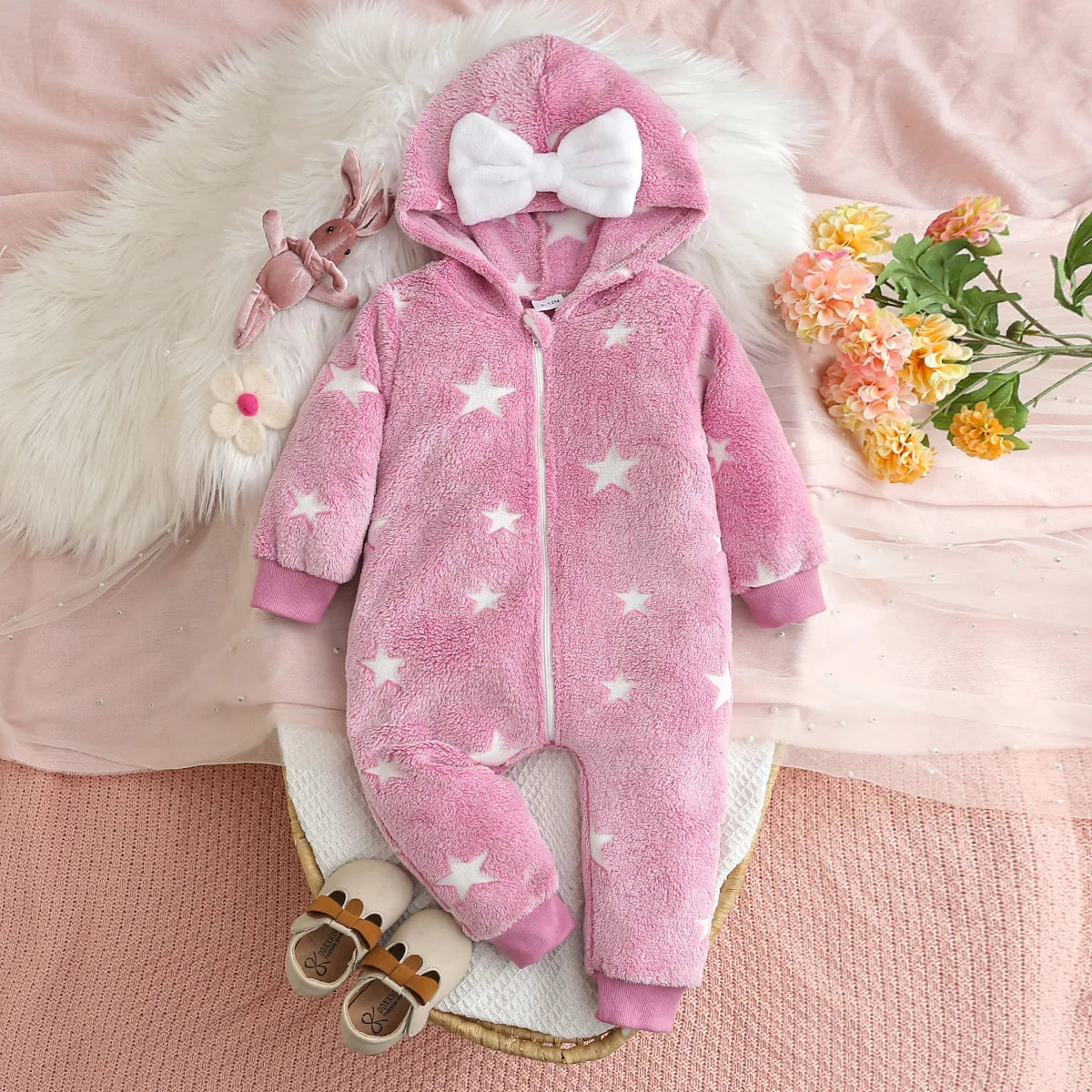 Girls Winter Casual Zipper Hooded Plush Onesie Baby Romper Suit Comfortable Soft Fabric Baby Clothes for Infants