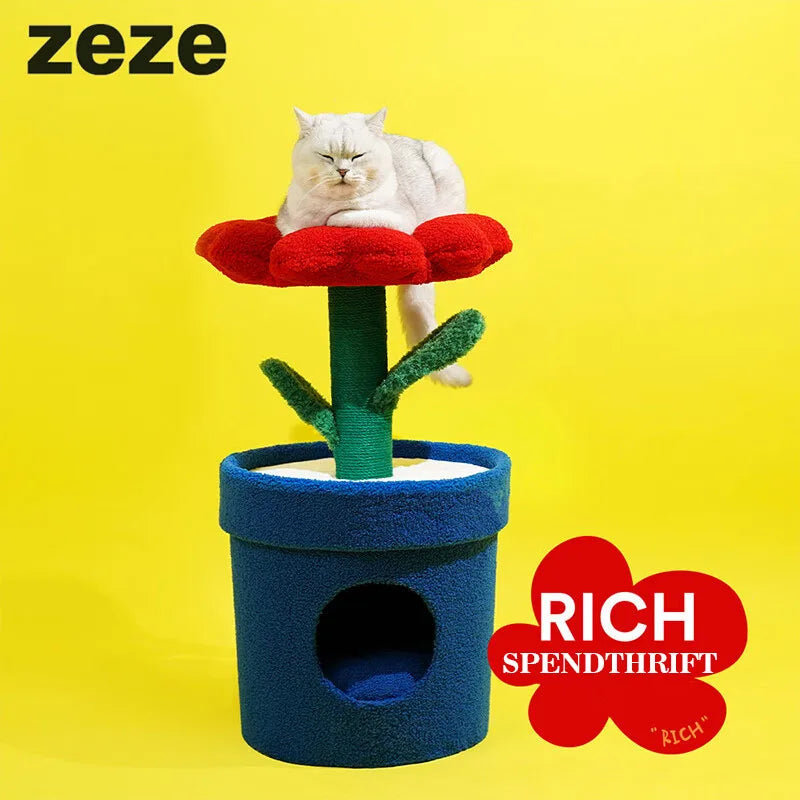 Red Flower Potted Cat Tree with Integrated Cat Bed Below Medium-Sized Cat Tree (Suitable for Cats Under 15 lbs)