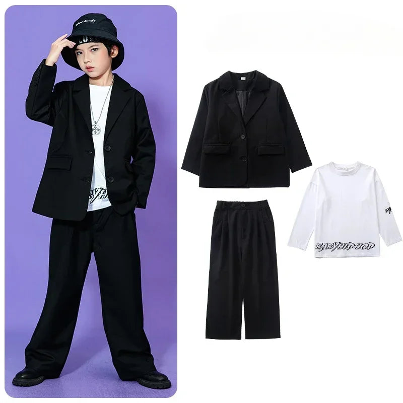 Kids Hip Hop Dance Costume Boys Girls Blazer Pants Set Streetwear Outfit for Stage Performance Competition Jazz Dance Photoshoot