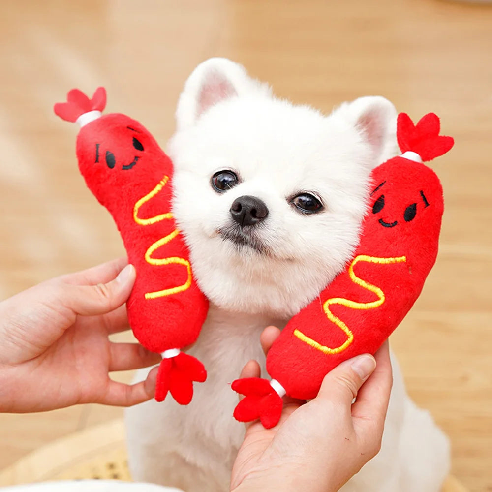 Squeaky Plush Pet Toys: Hot Dog Embroidered Chew Toys for Dogs & Cats, Bite-Resistant Toys to Relieve Boredom,