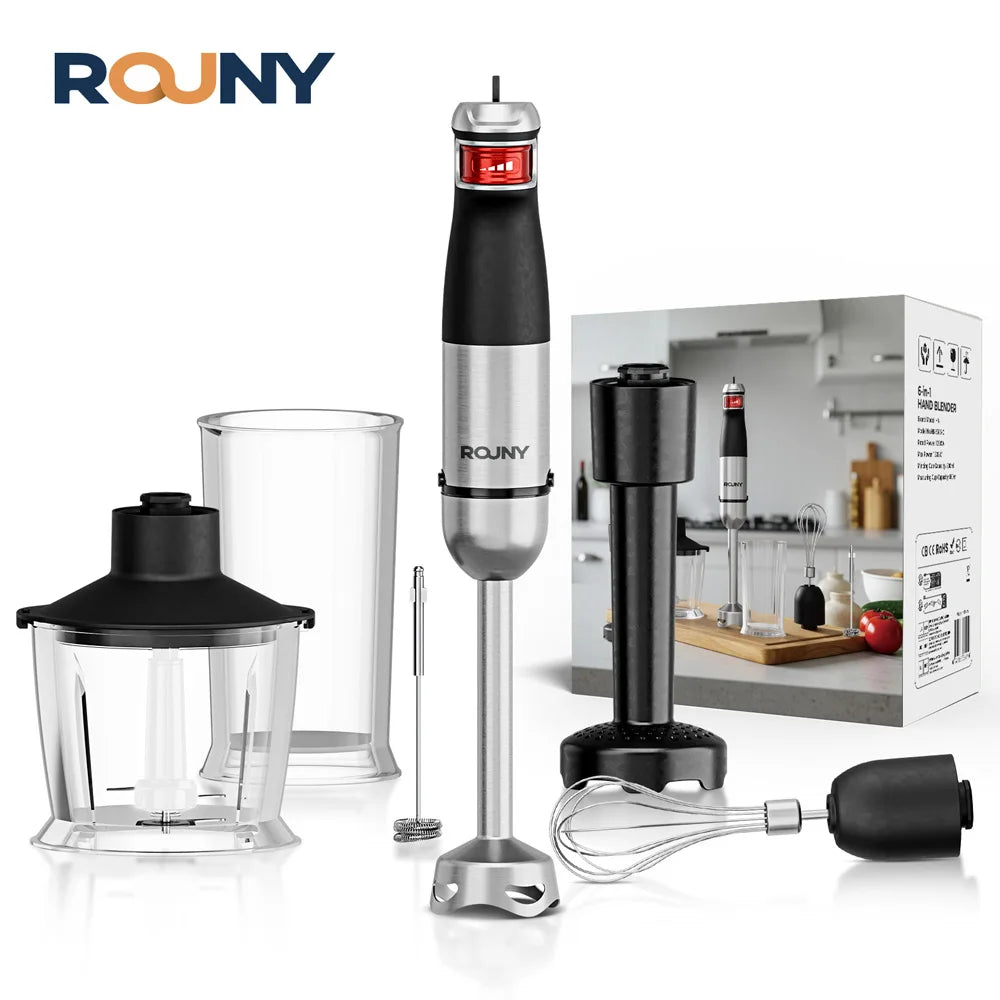 ROUNY 6-in-1 Multi-Purpose Immersion Hand Blender, Max 1500W Stick Blender with Stainless Steel Blades for Home and Kitchen