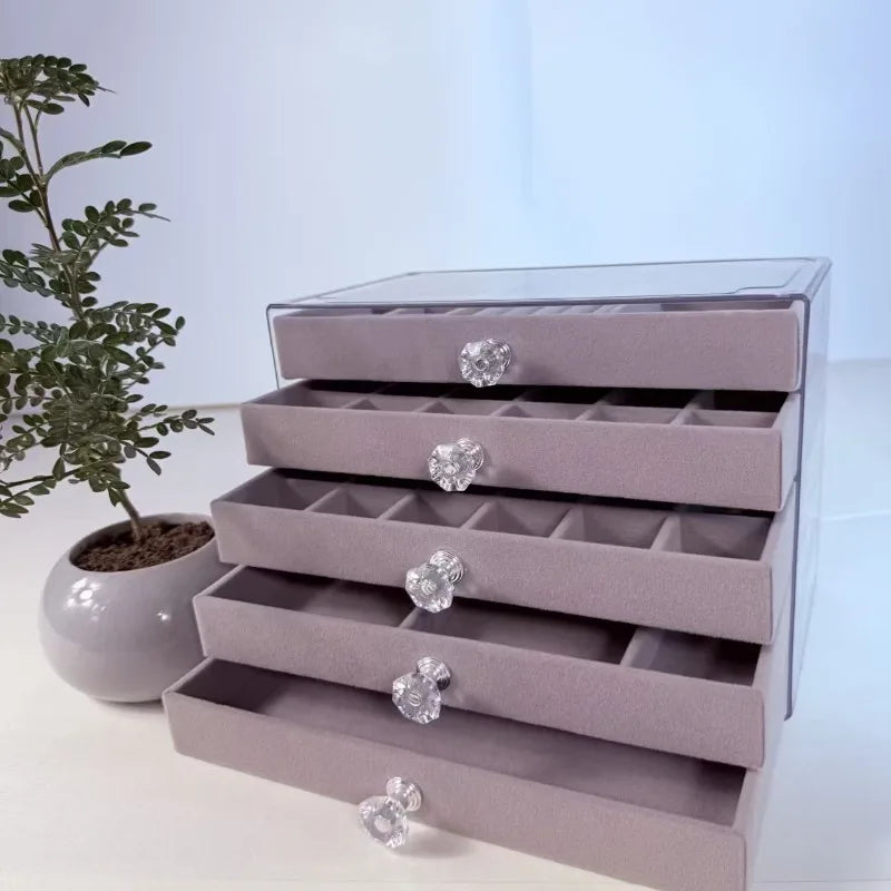 New 5 Layers Gray Jewelry Storage Box Drawer Design Large Capacity Anti-oxidation Organizer for Women Accessories