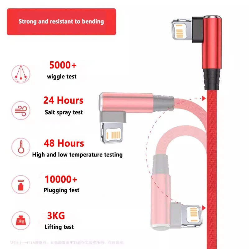 90 Degree USB Cable For iPhone 14 13 12 11 Pro Max X XR 6s 7 8 Plus Mobile Phone Fast Charging Cord Data Charger Wire