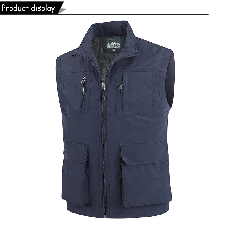 2026 Summer Men Sleeveless Cargo Leisure Work Lapel Vest Men Outdoor Solid Color Fishing Camping Thin Pocket Vest Male Waistcoat