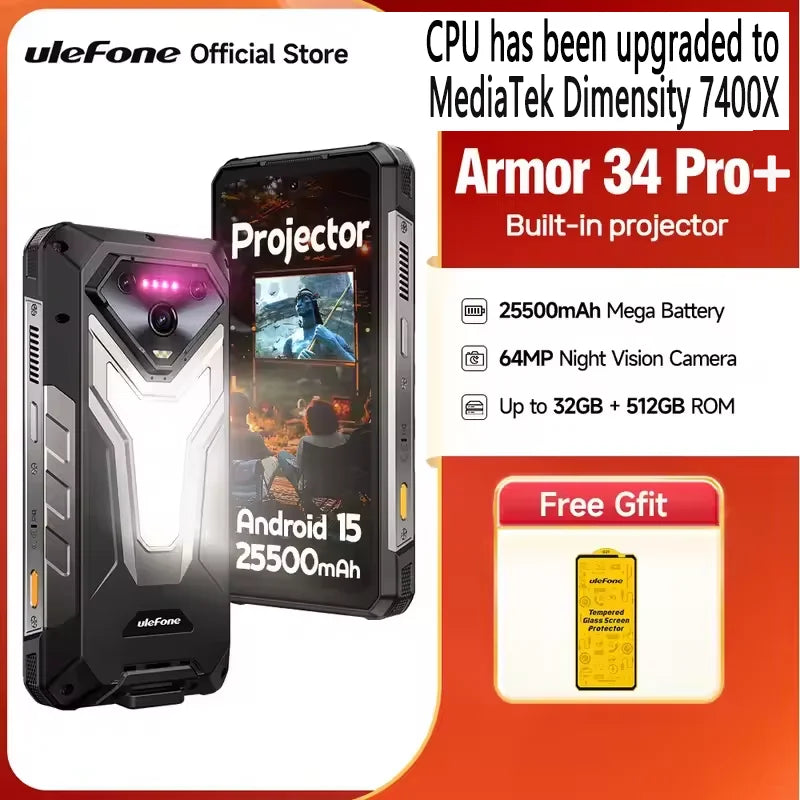 Ulefone Armor 34 Pro+5G AI Rugged Phone 32GB+512GB 25500mAh 6.95" Built-in Projector 120Hz Android 15 MTK 7300 NFC Smartphone