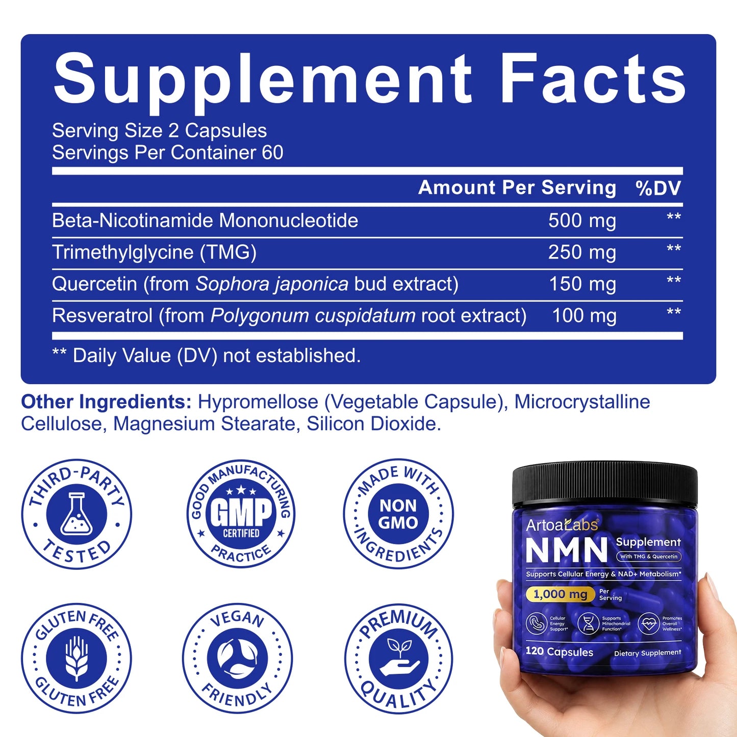 ArtoaLabs NMN Capsules 1000mg with TMG & Quercetin Supports Anti Aging, DNA Repair, NAD+ Metabolism, Cellular Energy | 120 Count