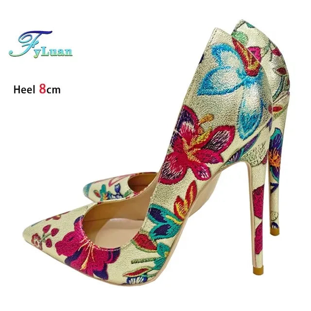 Fashion Print Women's Pumps 8CM 10CM 12CM Sexy Pointy Toe Luxury Female Shoes 2025 Spring Summer All-Match Woman Gold High Heels