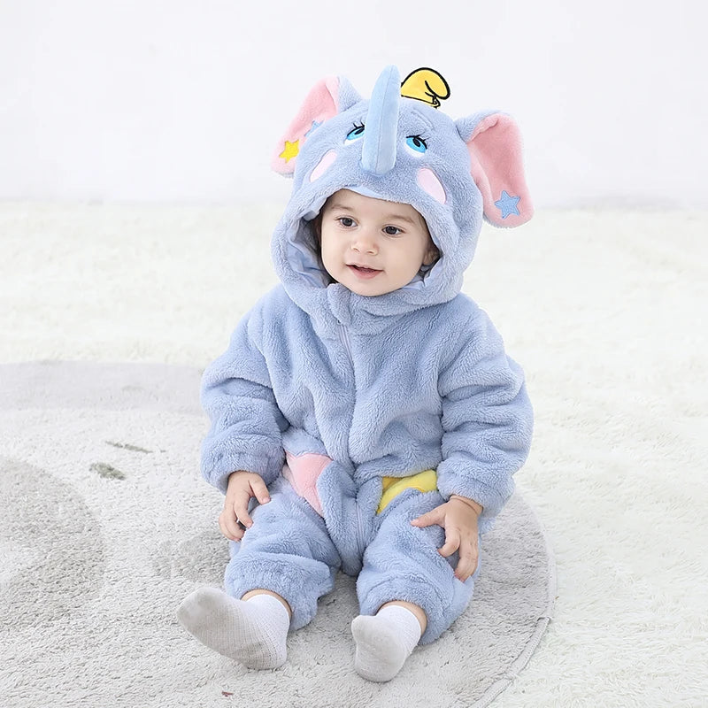 New Cute Elephant Newborn Baby Clothes Bodysuit Winter Flannel Boys Girls Romper Warm Cosplay Costume Outfit Hooded Jumpsui