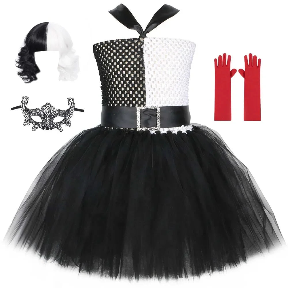 Halloween Crulla Cosplay Costume Cruella Tulle Dress Party Girls Black White Carnival Kids Cruella Wig Lace Mask Suit Clothes