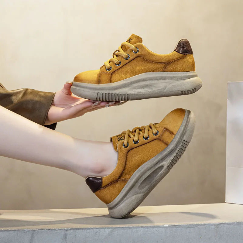 DRKANOL Spring Genuine Leather Casual Sneakers Women Thick Bottom Platform Lightweight Single Shoes Ladies Wedges Heel Shoes