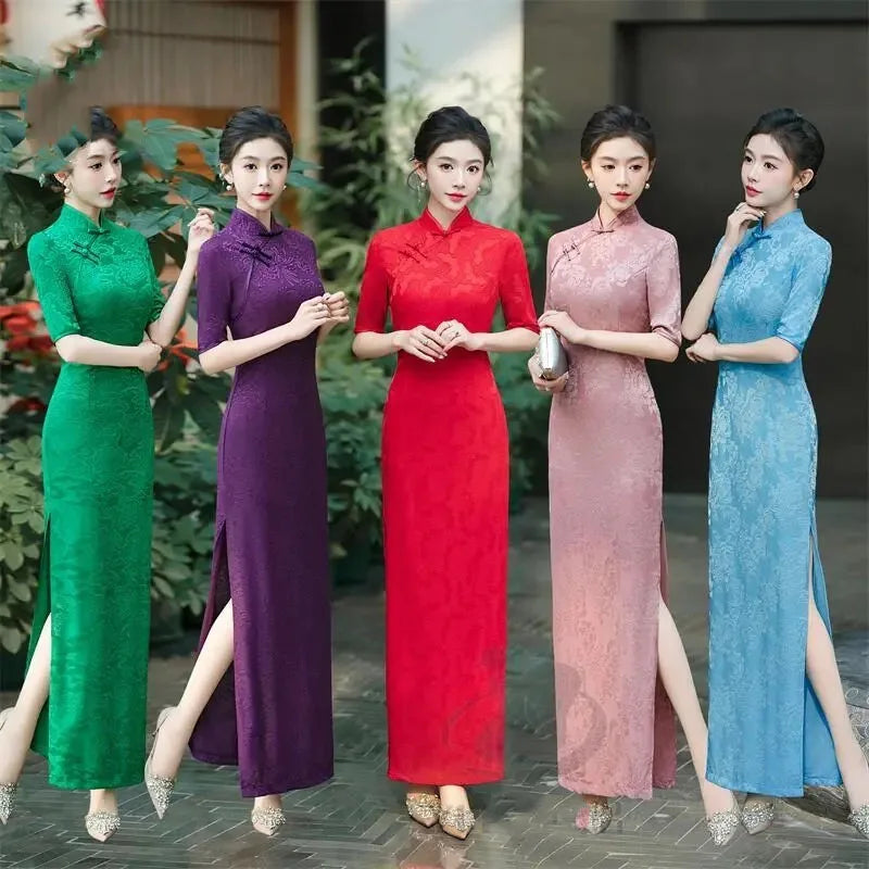 Female Large Size 6XL Maxi Dress Summer Lady Fashion High Fork Long Dresses 2025 Women Solid Color Five Divide Sleeves Cheongsam