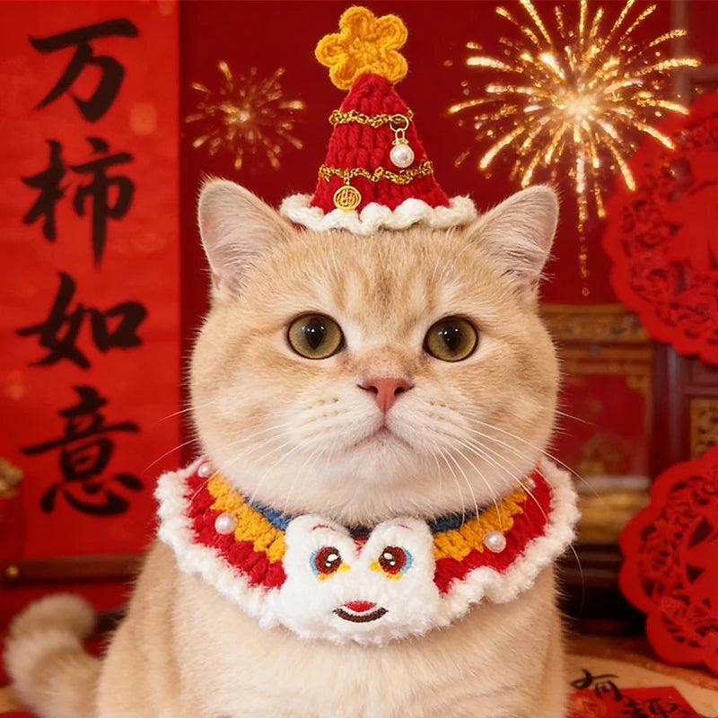 New Year Cat Collar Pet Cat Dog Scarfs Crocheted Kitten Puppy Collar Spring Festival Cat Cosplay Costume Pet Accessiories