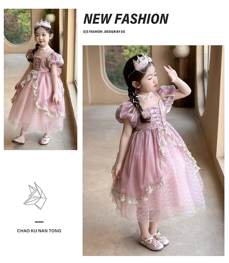 Kids Pink Aurora Princess Lolita Dress Halloween Costume Girl Sleeping Beauty Princess Cosplay Birthday Party Dresses for 2-12Y