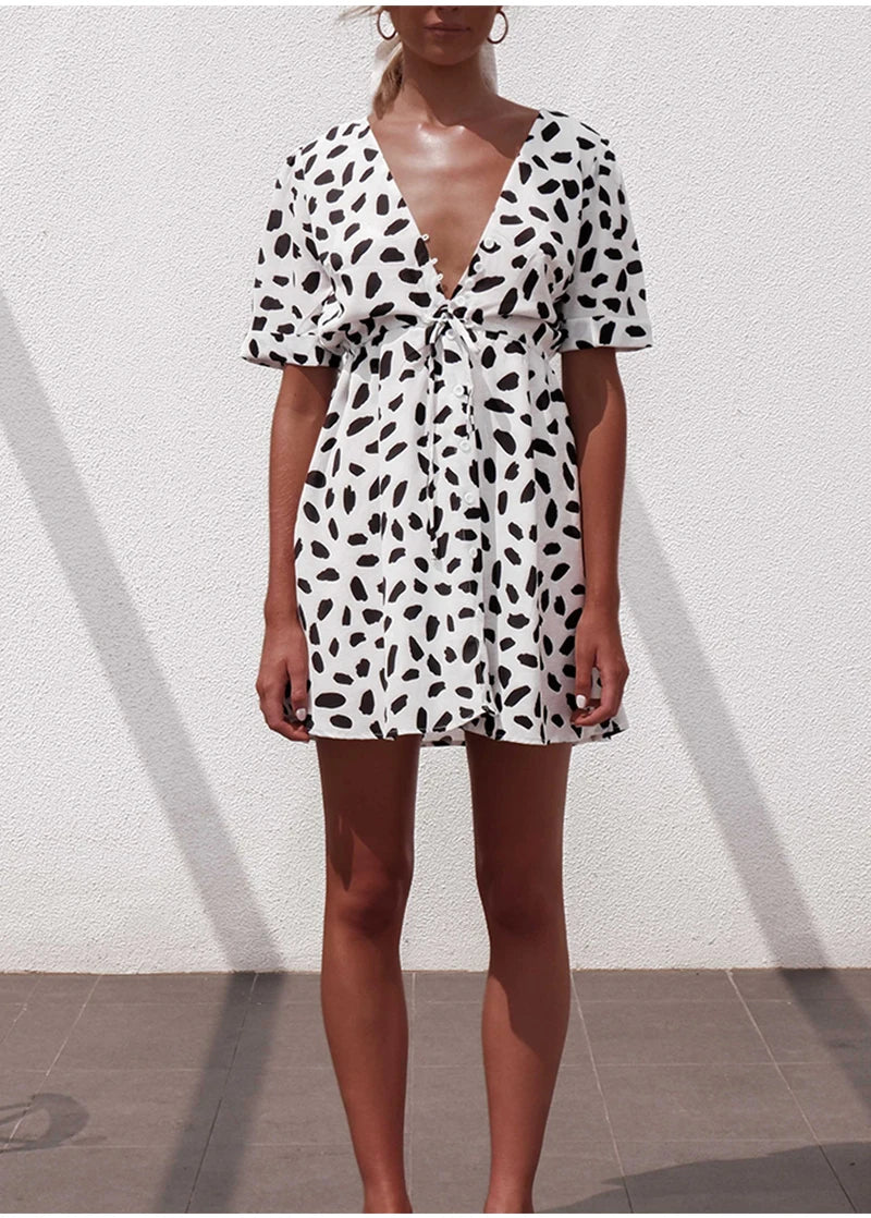 White Sand Spot Mini Summer Dresses Women V Neck Casual Beach Sundress Sexy Botton Wrap Bodycon Dress Female