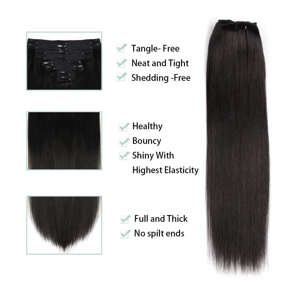 Clip In Hair Extensions Straight 100% Unprocessed Human Hair 8 Pcs/Set Full Head Seamless Brazilian Natural Black Clips ins Hair