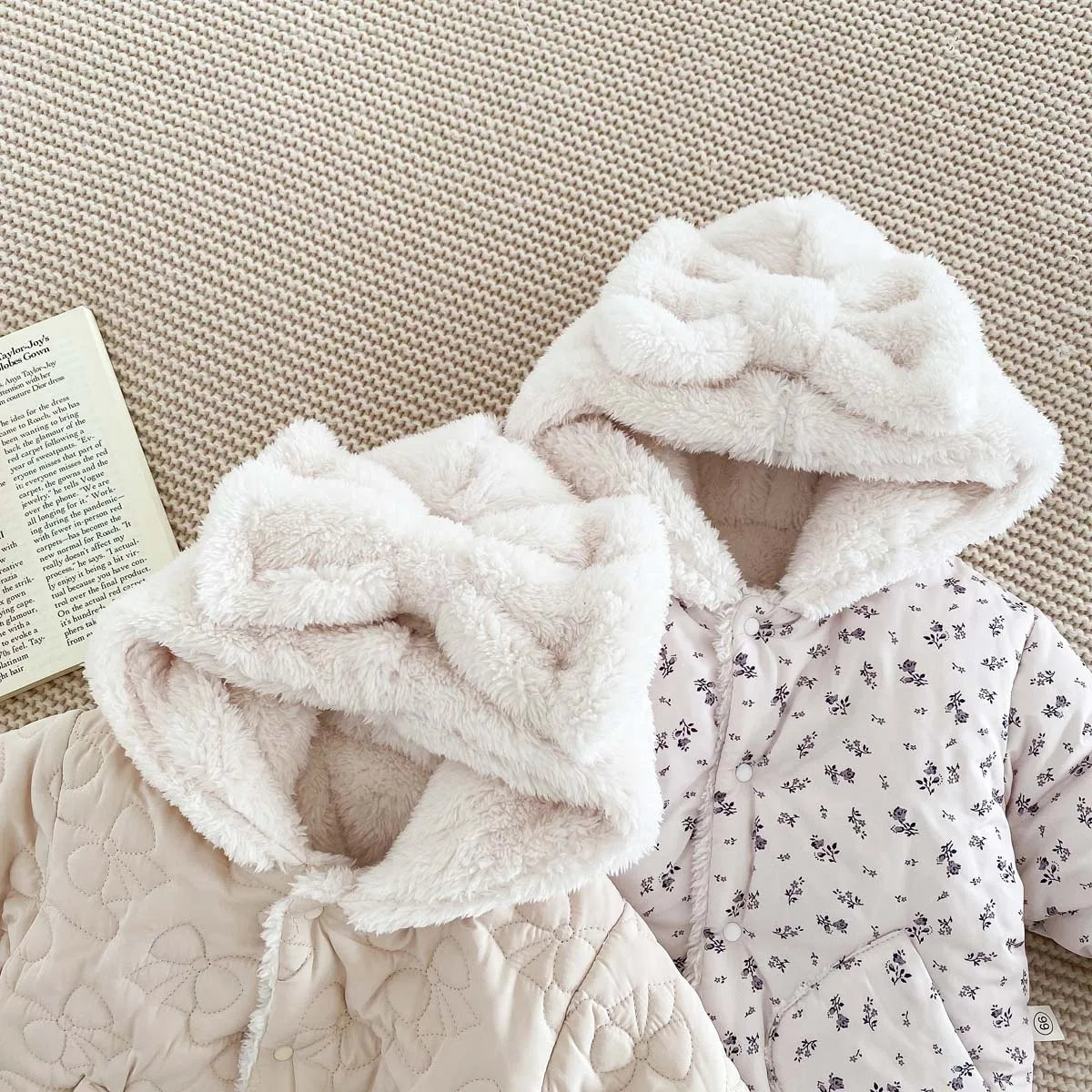 Baby fleece-lined Winter Men's and Women's Baby Clothes Bowknot Hooded Korean-style Newborn Warm Cotton-padded Jacket