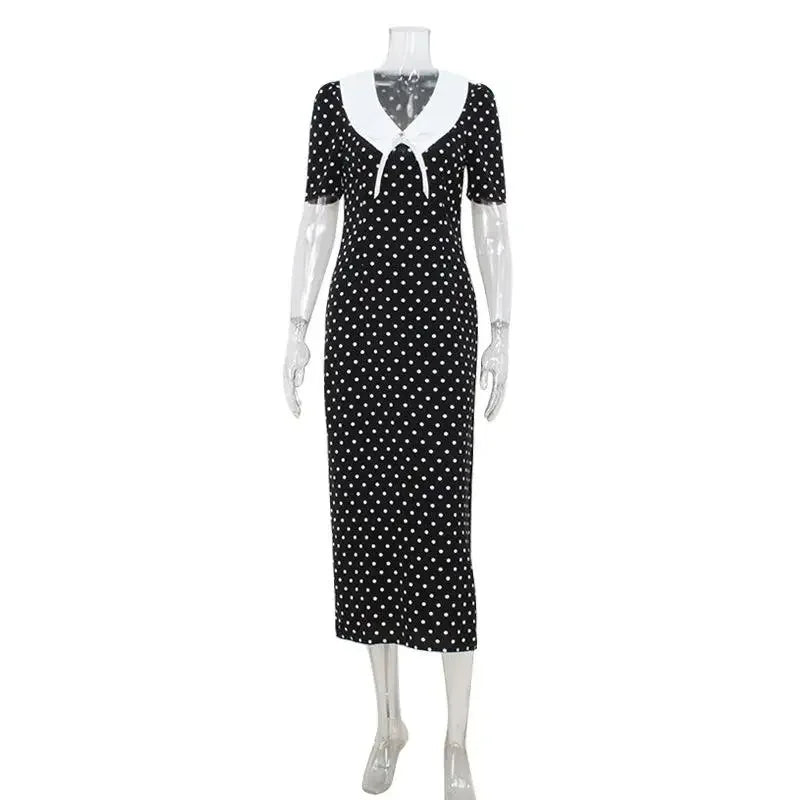 Polka Dot Printed Maxi Dress Women Fashion Chic Puff Sleeve Patchwork High Waist Slim Robes 2025 Elegant Party Long Dress Gowns