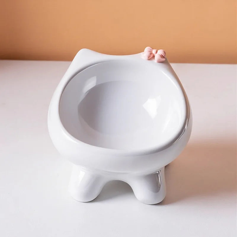 Ceramic Heightening Bowl Set | Cute Macaron Color Series，Slanted Spill-Proof，Cat Slow Feeder Bowl，InsEasy to Clean，Multi-Color O