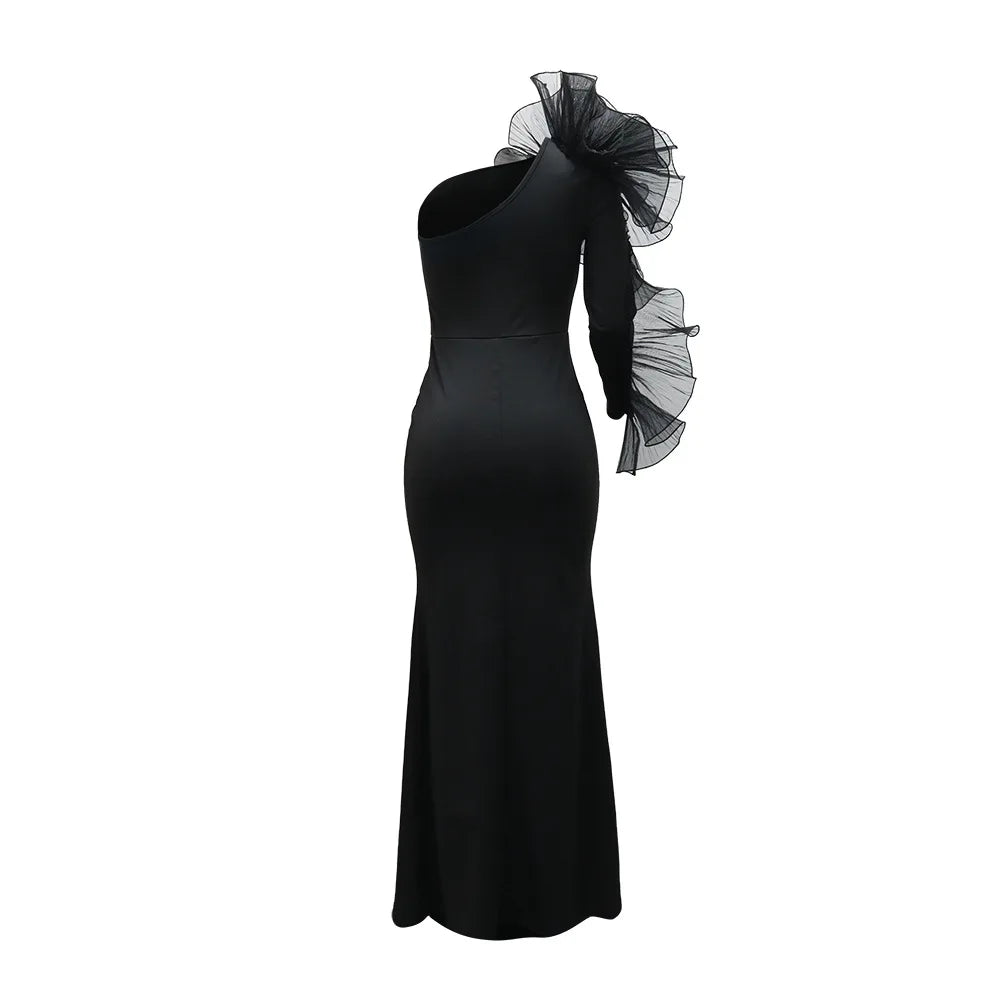 One Shoulder Long Dress Women Elegant Party Dresses Ruffles Sleeve Bodycon Evening Summer Dresses Female Birthday Dress HWY1896
