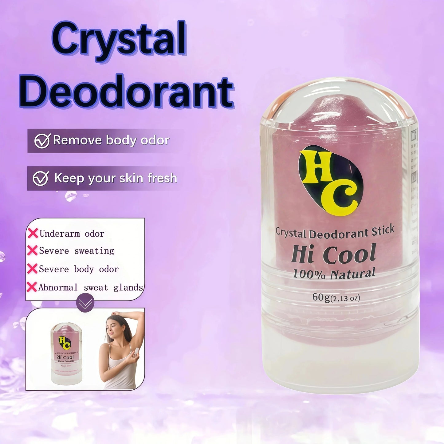 60g Natural Alum Crystal Deodorant Stick for Women & Men – Potassium Alum Stone for Odor Control,Non-Sticky Mineral Rock Design