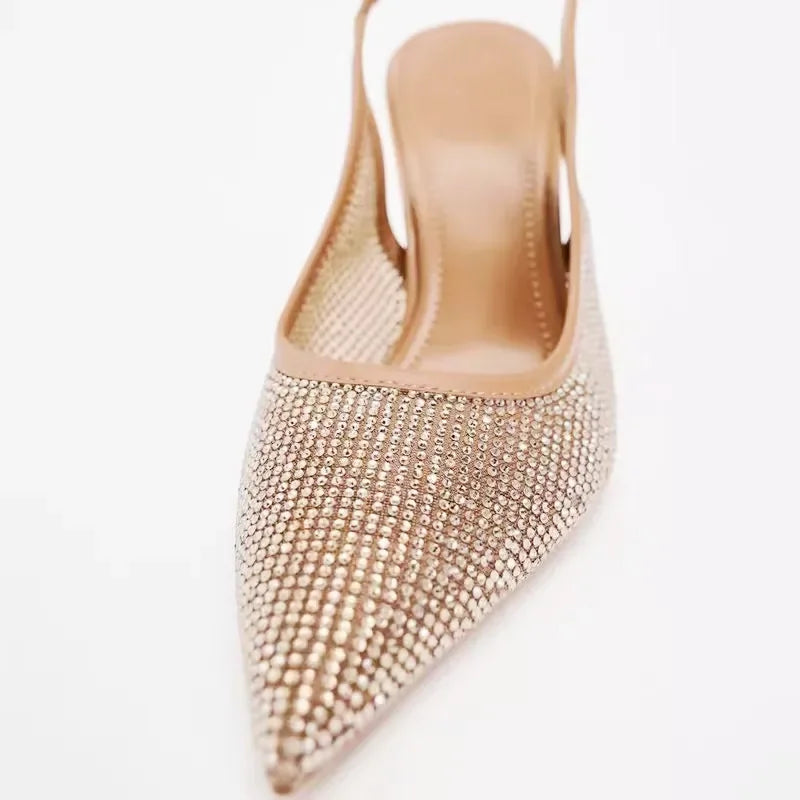 Luxury Designer Rhinestone Heeled Sandals Women Sexy Pointed Toe Mesh Breathable Thin High Heels Elegant Party Dress Pumps Shoes