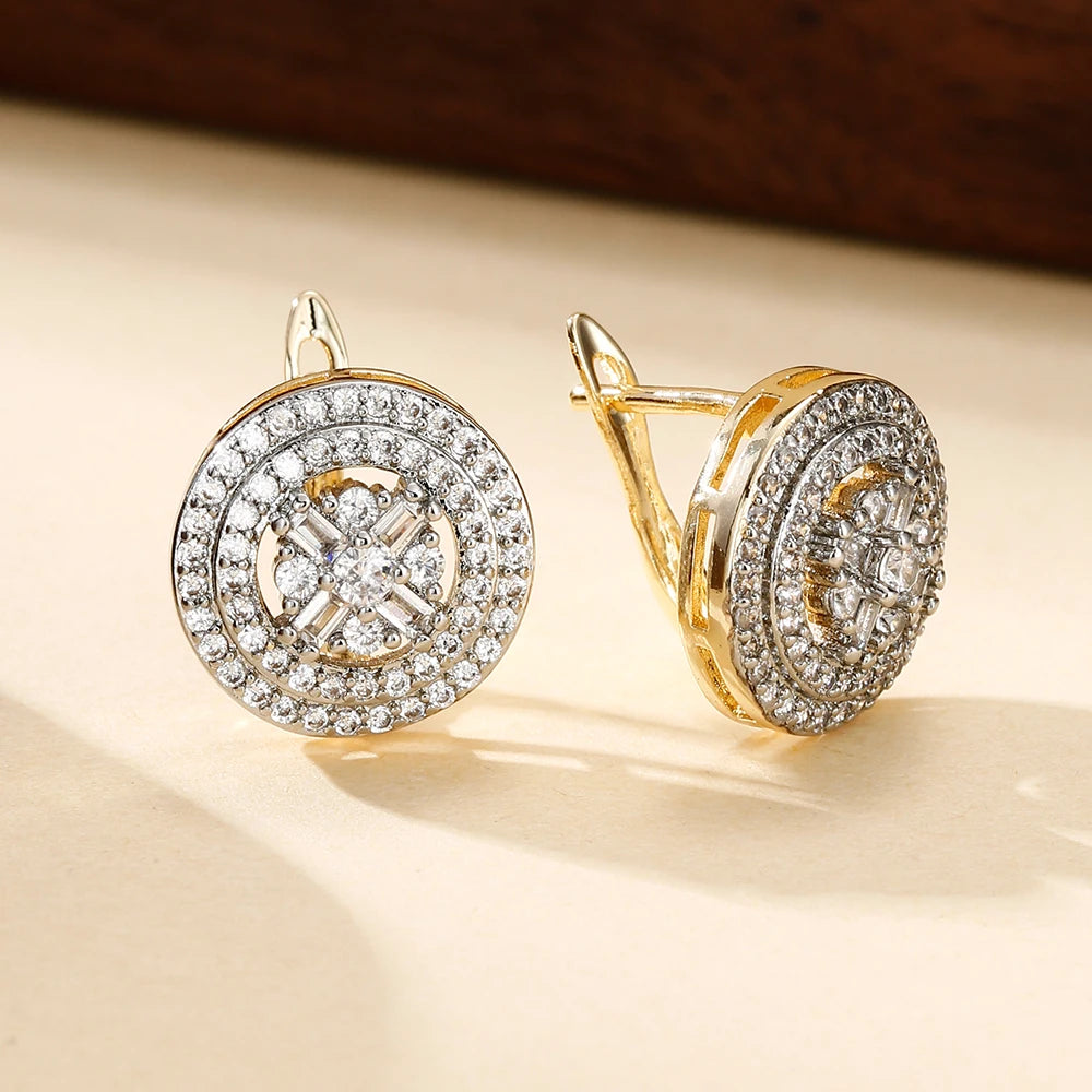 Round two-color design inlaid zircon earrings and rings set fashion jewelry holiday party banquet exquisite gift three-piece set