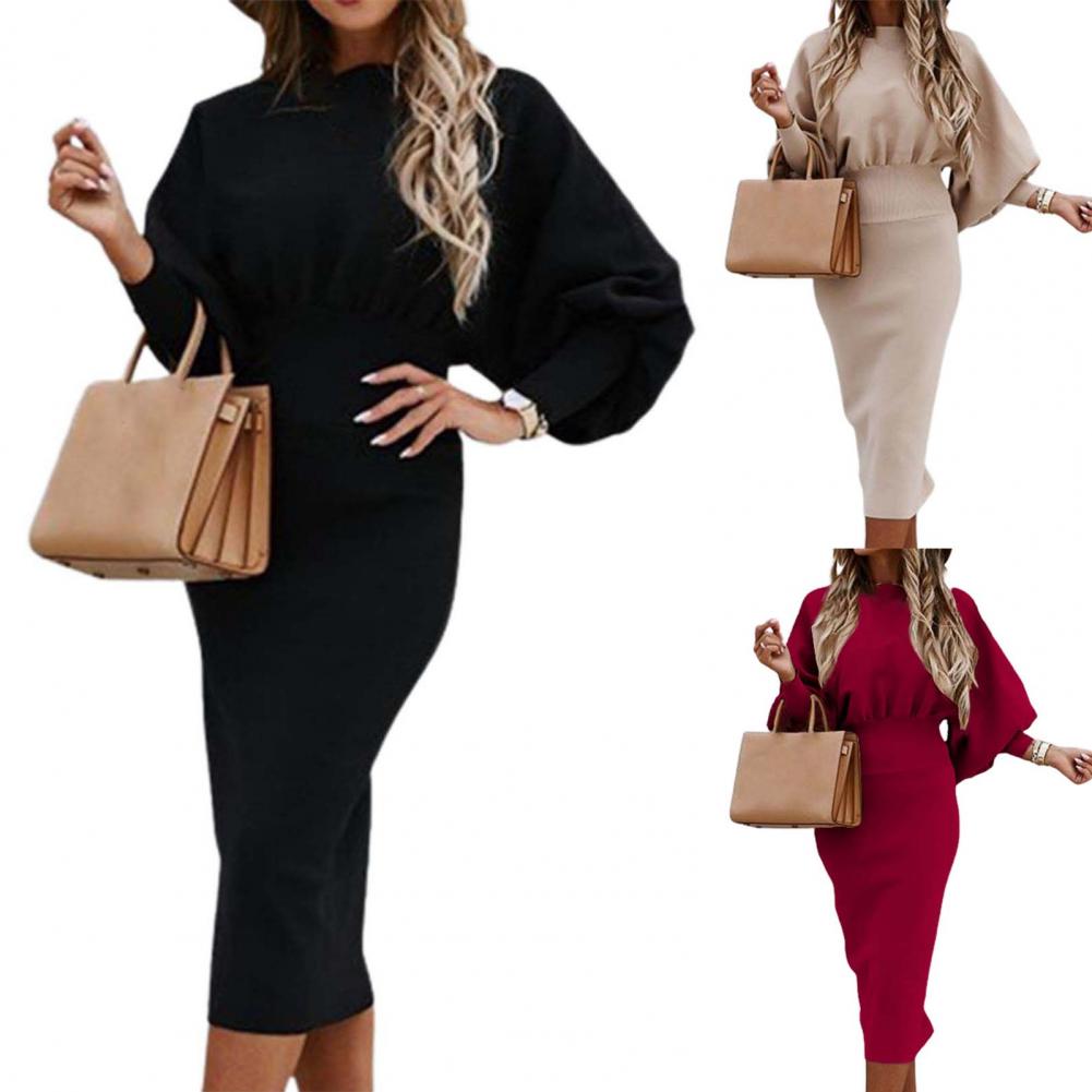 Fashion Office Dress O-Neck Warm Soft Texture Pure Color Bodycorn Office Dress