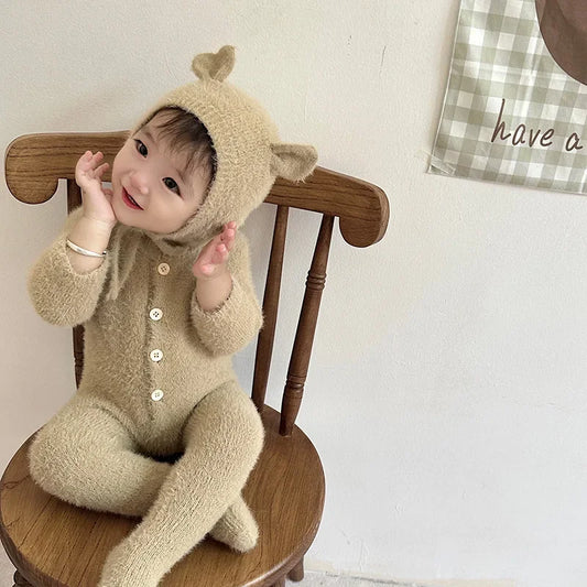 Newborn Baby Mink Fur Romper with Hood Cute Bear Animal Ear Footed Onesie Winter Warm Jumpsuit for 0-2 Years