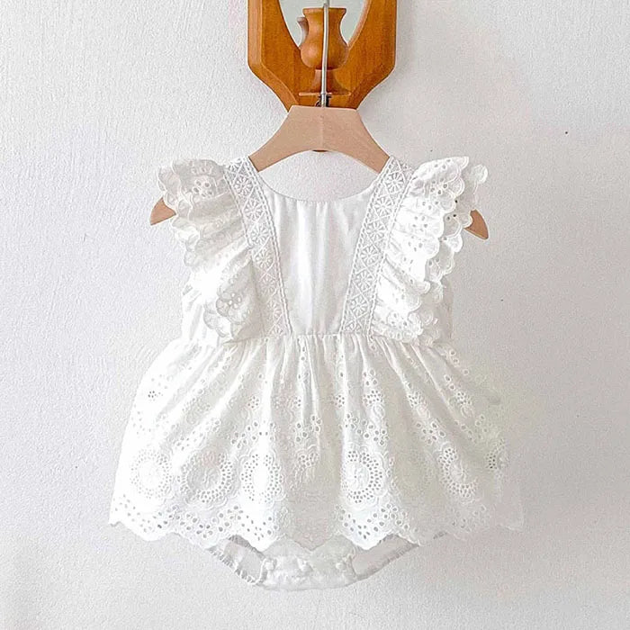 2025 New Summer Korean Style Climbing Suit Flying Sleeve Cotton Lace Splicing Toddler Baby Girls Jumpsuit 0-24M Baby Clothing
