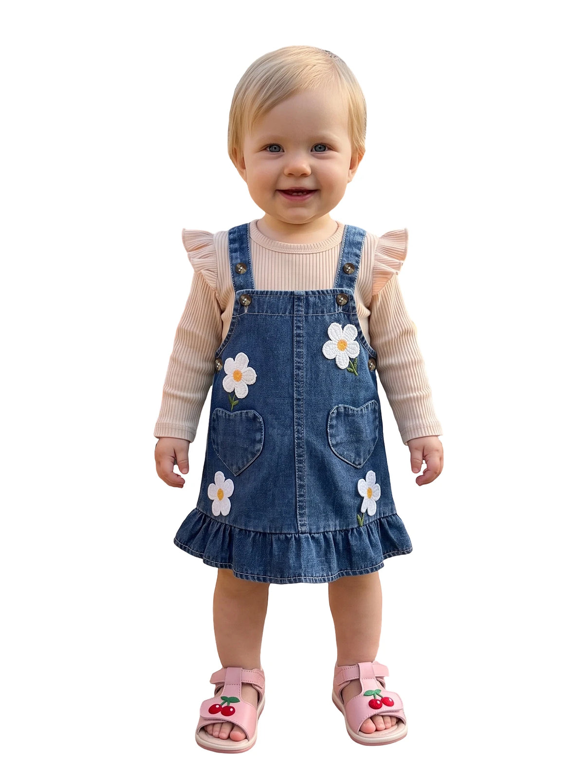 Baby Girl Fall Winter Outfit Fly Long Sleeve T Shirt Sleeveless 3D Flower Denim Dress 2Pcs Set