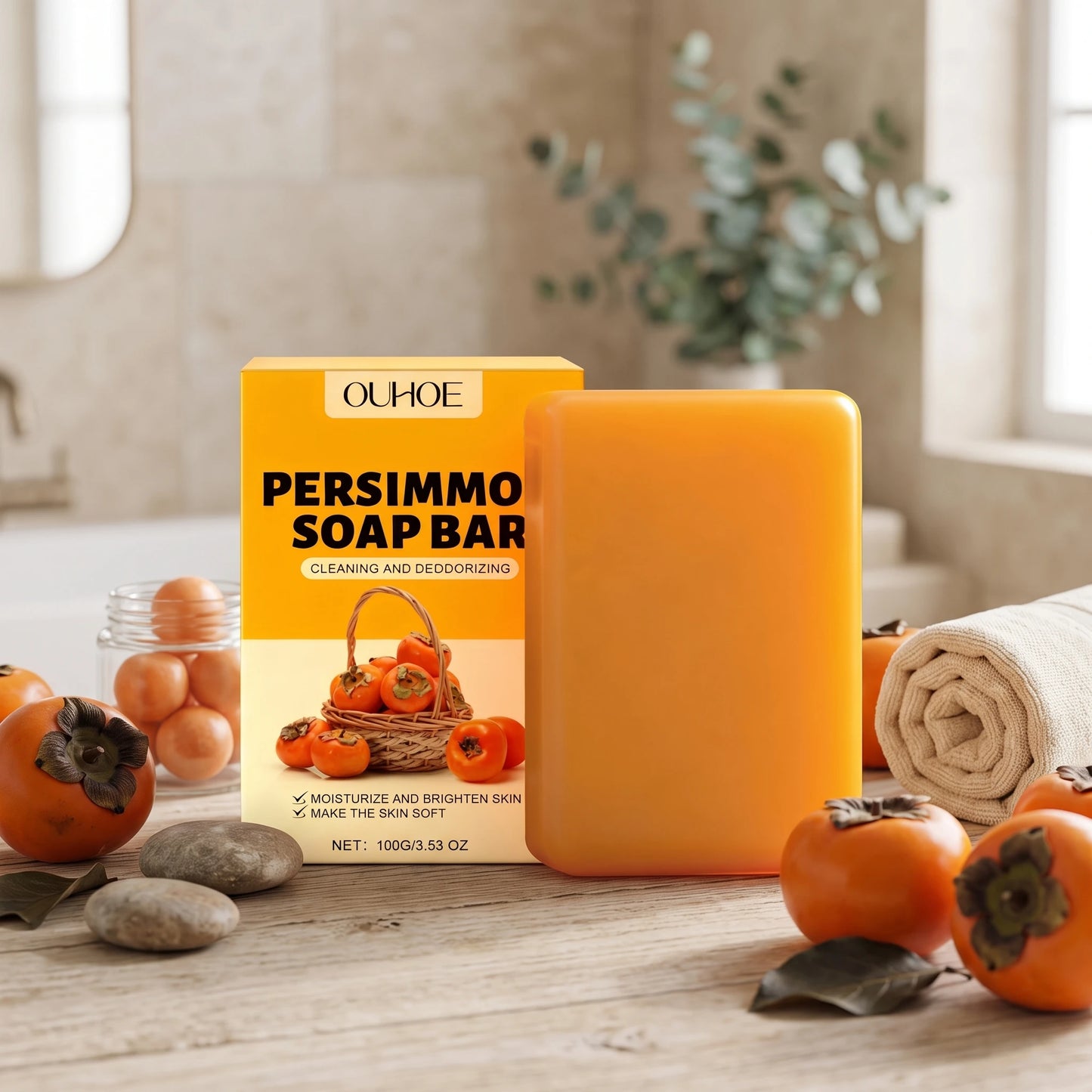 Persimmon Soap Bar Odor Removal Bath Bar Natural Deodorizing Body Cleansing Soap Soften Rough Skin Moisturizing Bath Soap