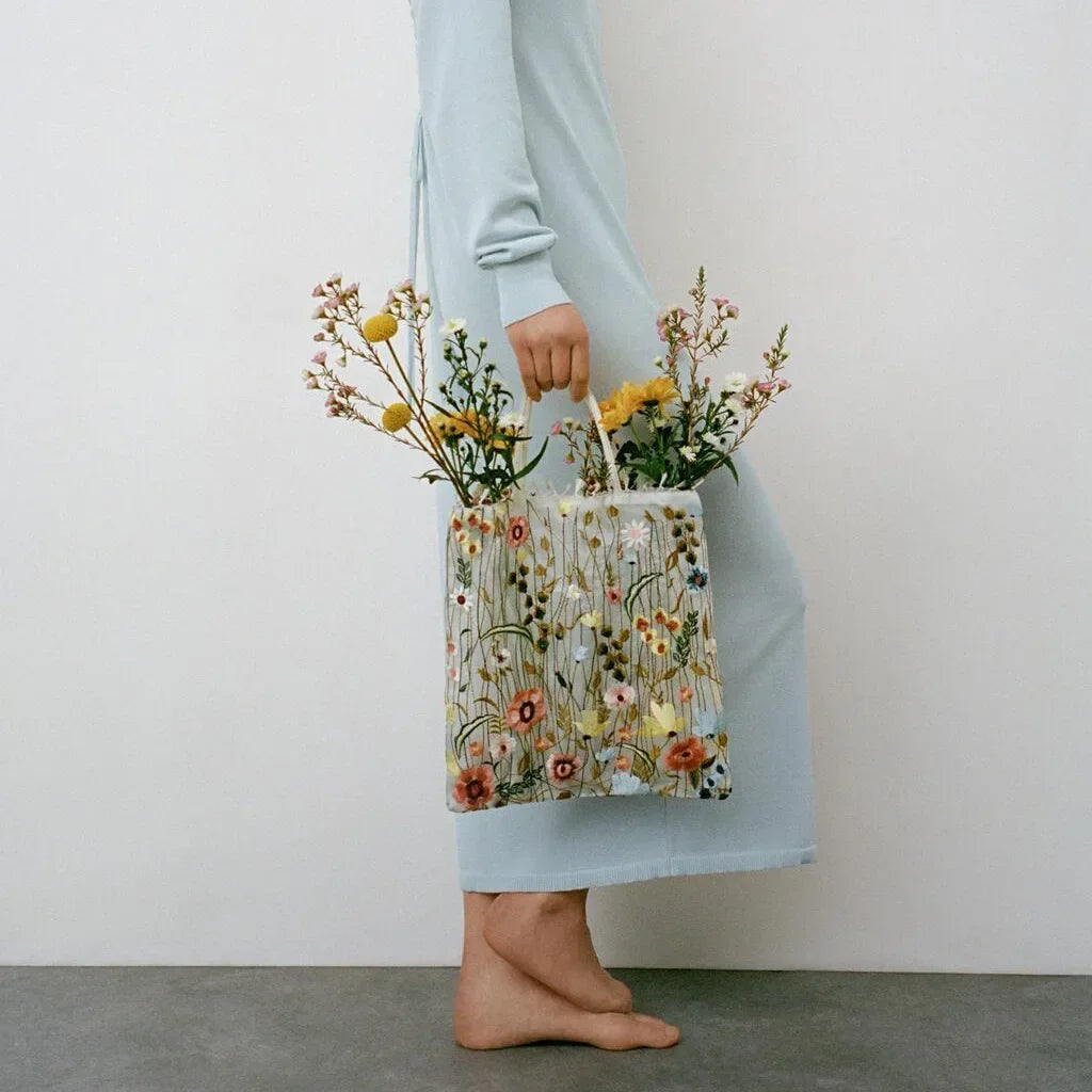 1Pc Fashion Tote Summer New Style Mesh Full Embroidery Flowers Clear Shoulder Bag Romantic Handbag Women's Eco Shopping Bag 2025