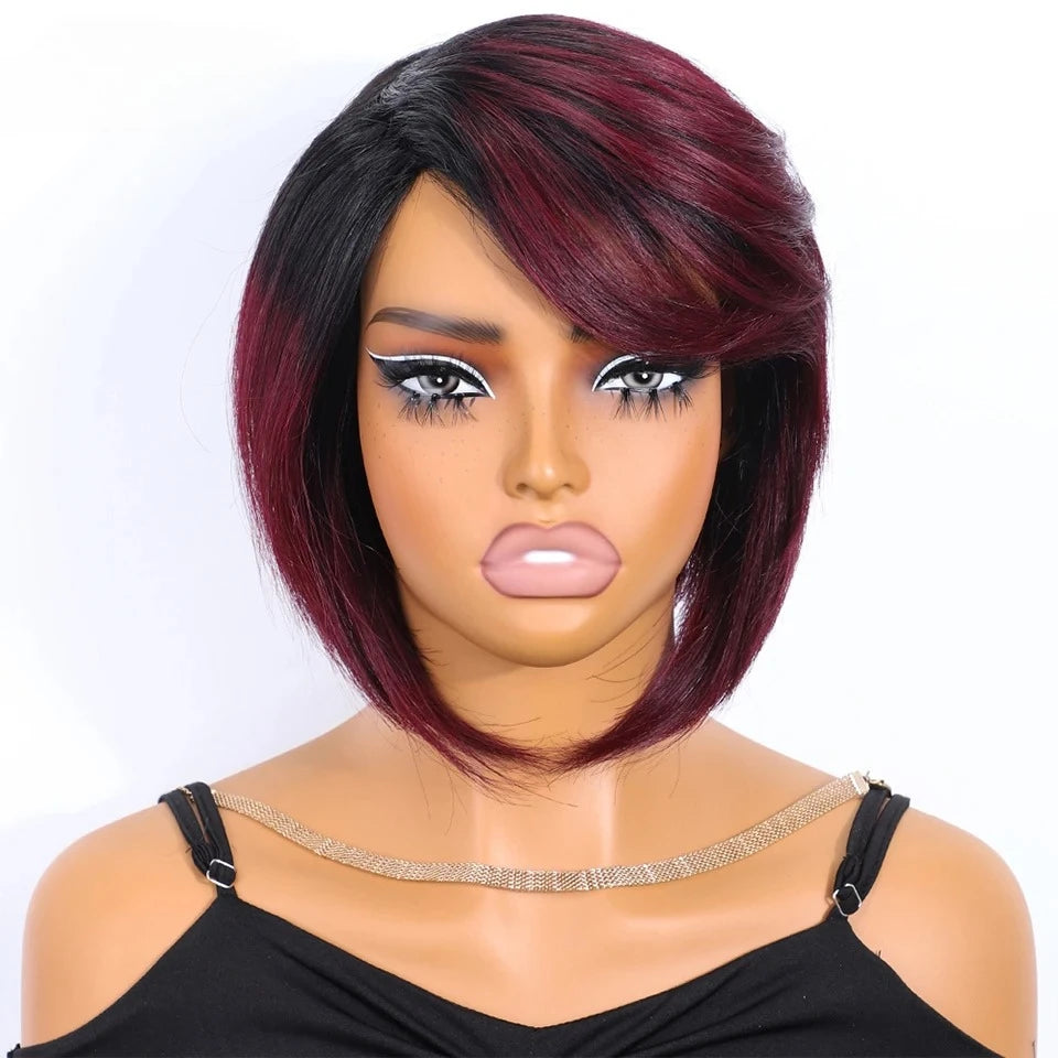 Short Straight Bob Human Hair Wigs With Bangs Full Machine Made Side Part Bob Human Hair Wigs For Women Beginner Friendly