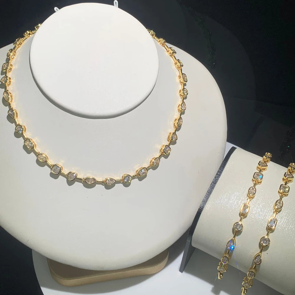 2025 New Trendy Women Jewelry Gold Color Geometric Various Shaped Bezel 5A Sparking CZ Tennis Chain Bracelet Necklace Set