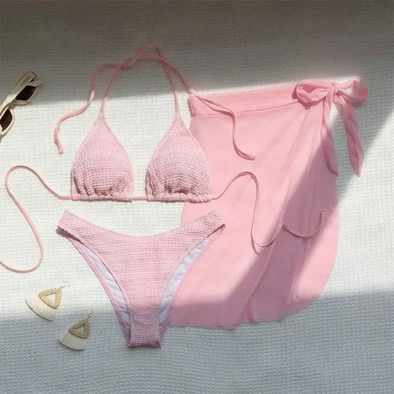 Pink Solid Color 3-piece Swimsuit Women 2026 Summer Beach Skirt Bikini V-neck Halter Backless Bathing Suit Summer Beach Swimwear