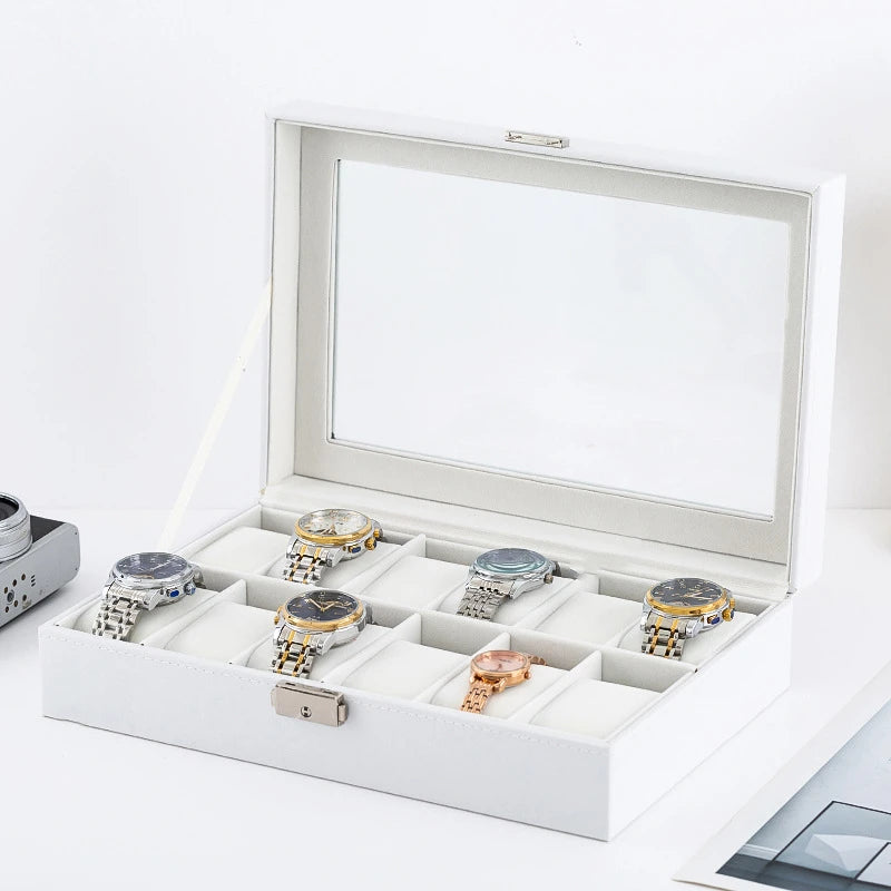 Wood Professional Watch Box Holder Storage Case Organizer White Simple PU Leather Watch Display Box Jewelry Packaging & Display