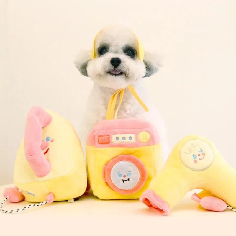 1/pice Cute INS Puppy Housekeeping Series Plush Pet Sounding Toy Washing Machine Iron Hair Dryer Pet Food Hiding Funny Dog Toys