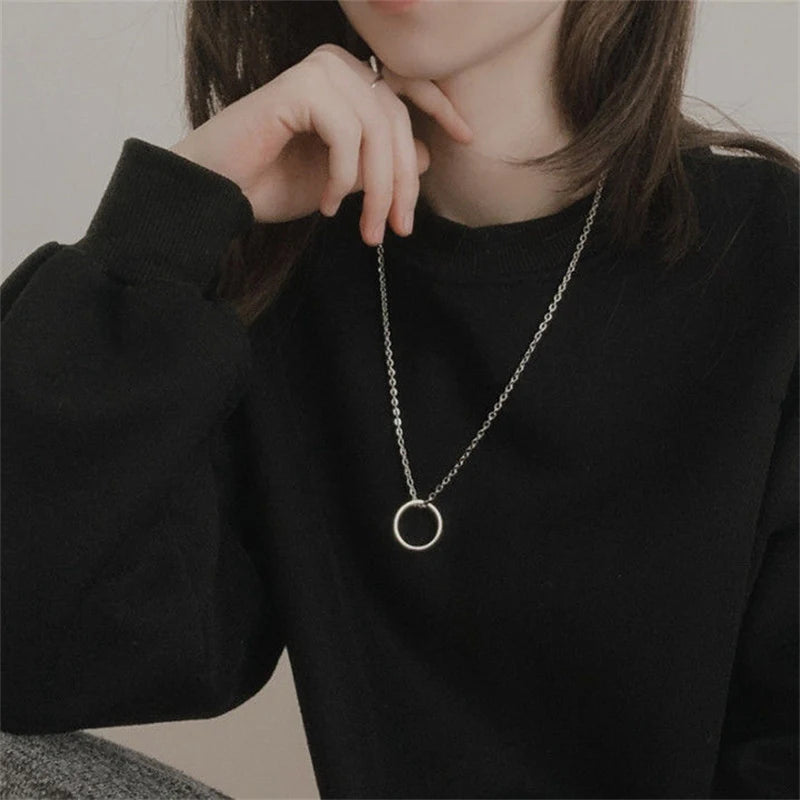 Fashion Ring Pendant Necklace Metal Silver Color Couple Chain Necklaces Men Women Hip Hop Jewelry Gift