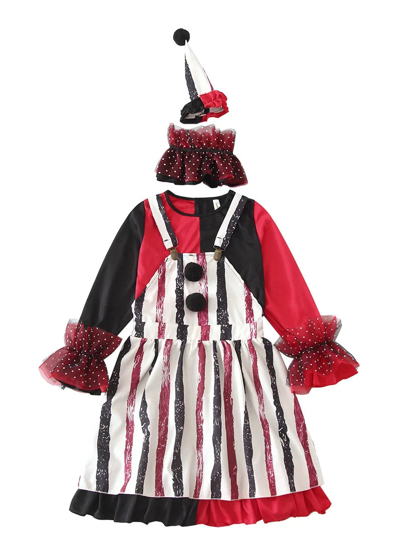Halloween Cosplay Costumes Horror Clown Dresses Pants Headwear Clothes Sets Carnival Theme Party Role Playing Outfits for Girls
